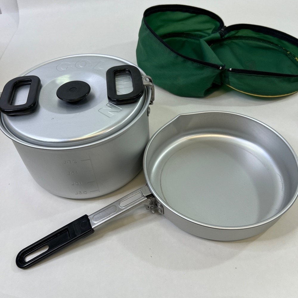 Coleman Aluminum Mess Kit Kettle Pan Skillet Storage Bag Handle Camp Cooking Set